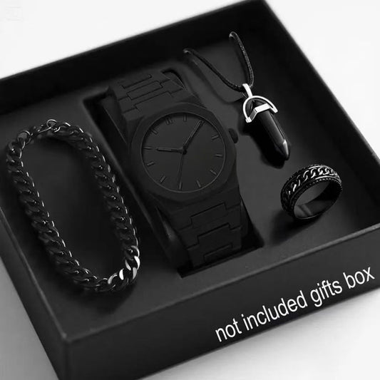 MEN'S BLACK ACCESSORY SET — WATCH, BRACELET, NECKLACE & RING