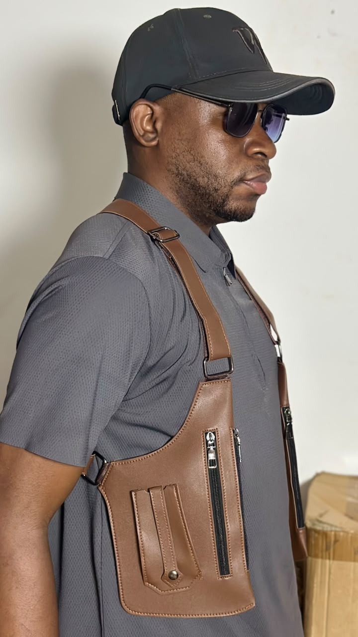Men's Leather Chest Rig Bag — Dual Pocket Tactical Ves