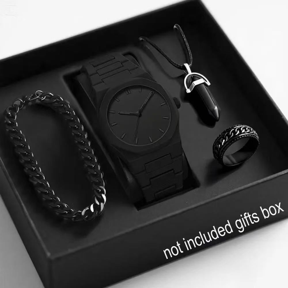 MEN'S BLACK ACCESSORY SET — WATCH, BRACELET, NECKLACE & RING