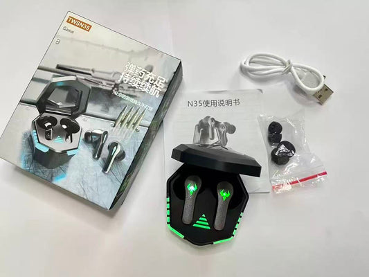 N9 TWS35 Earbuds — Gray & Black with Green LED Lighting