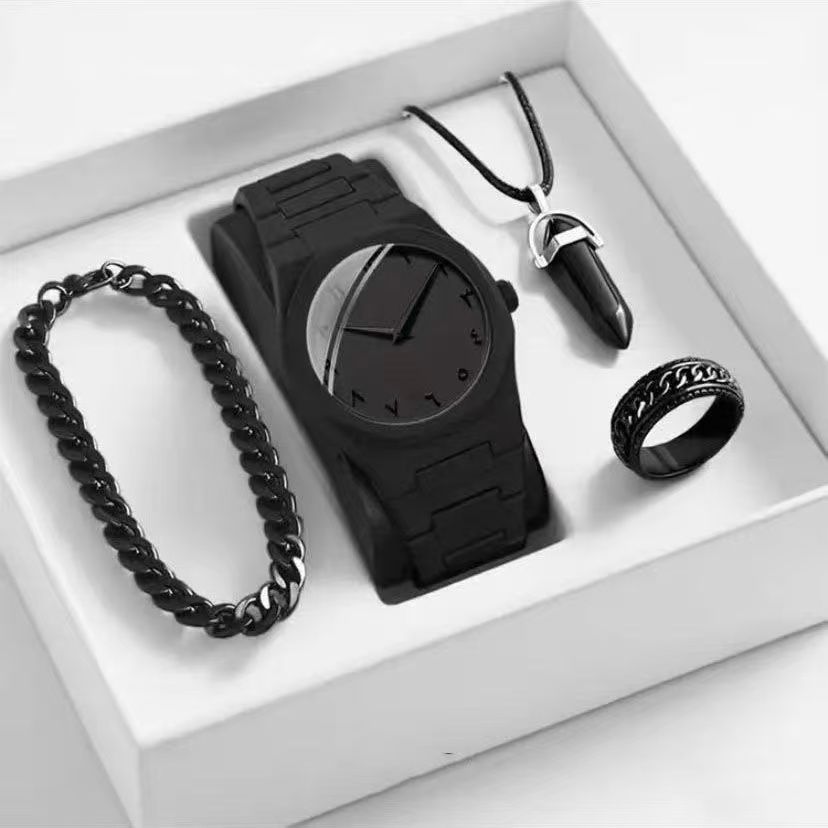 MEN'S BLACK ACCESSORY SET — WATCH, BRACELET, NECKLACE & RING