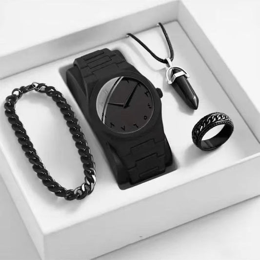 MEN'S BLACK ACCESSORY SET — WATCH, BRACELET, NECKLACE & RING