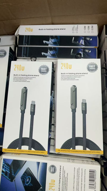 240W Fast Charging Data Cable with Built-In Folding Phone Stand (Type-C to Lightning)