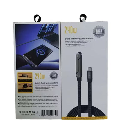 240W Fast Charging Data Cable with Built-In Folding Phone Stand (Type-C to Lightning)