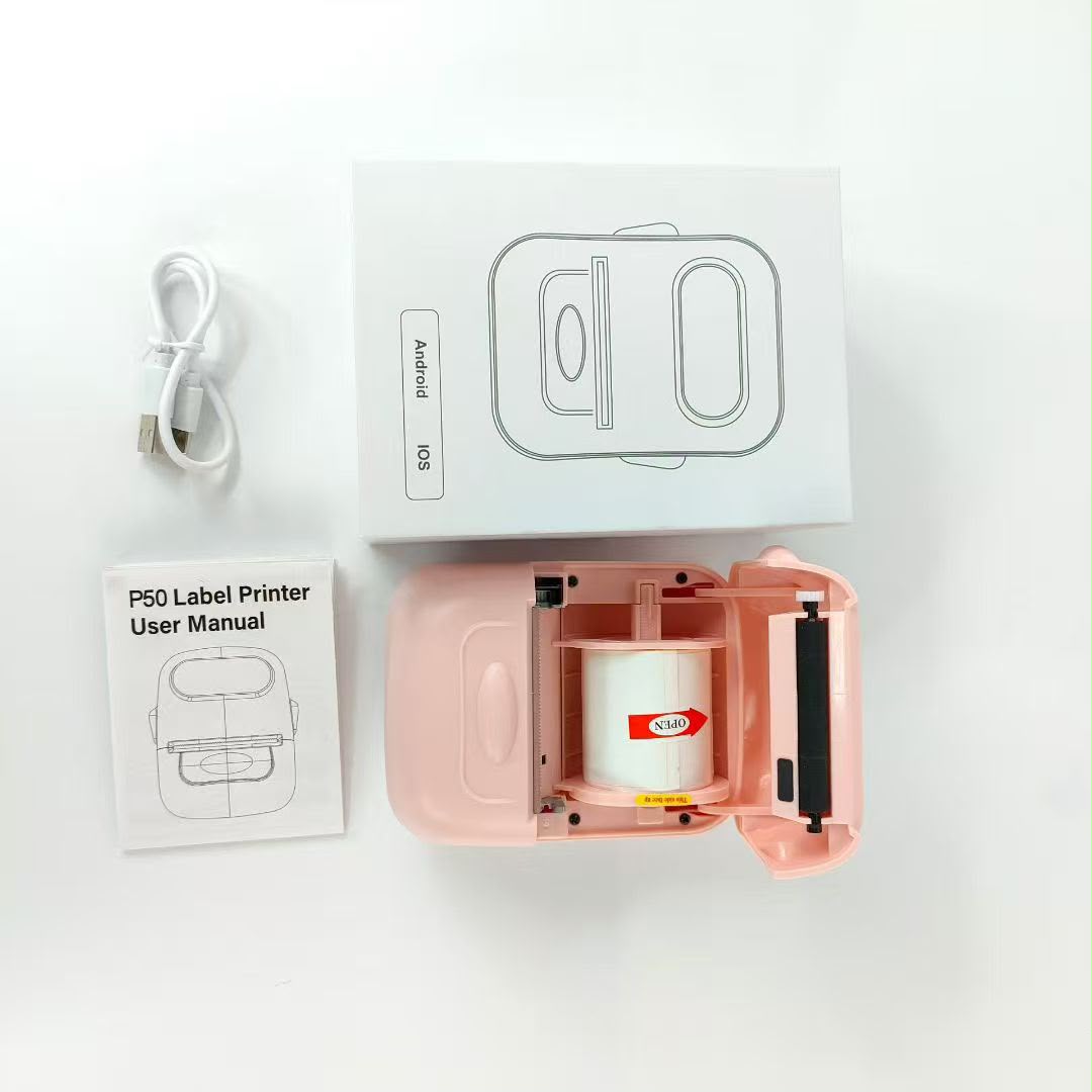 P50 Label Printer unboxing – printer, USB cable, label roll, manual