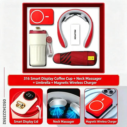 Orange smart cup, neck massager, umbrella and magnetic wireless charger gift set