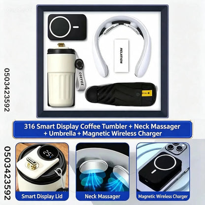 Smart Cup, Neck Massager, Umbrella & Wireless Charger Gift Set